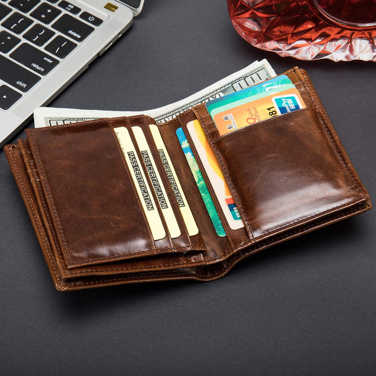 Plinvo Men's Extra Large RFID Blocking Bifold Wallet Genuine Leather Vertical Design 16 Card Slots with ID Window (Coffee)