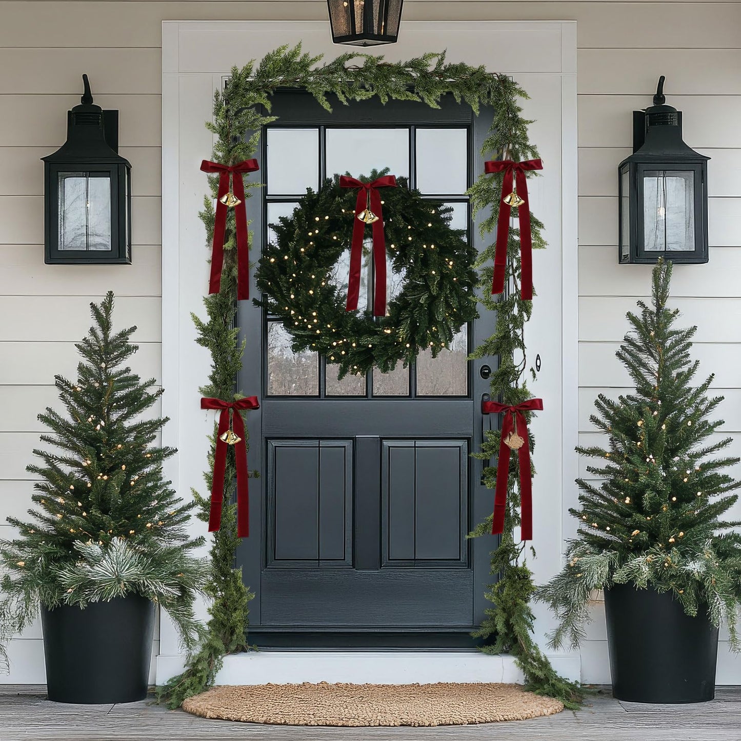 Suncalla 17 Extra Long Christmas Artificial Cedar Pine Cypress Garland with Ribbons and Bells Christmas Pine Decorations for Stairs Indoor Outdoor Wall Table Mantel Fireplace Xmas Decor