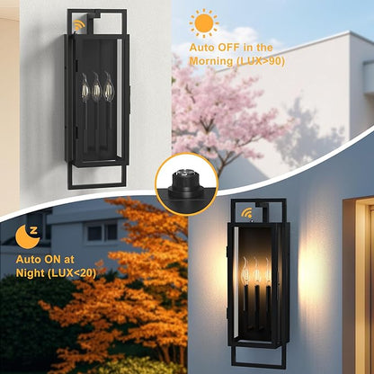 𝟐𝟔.𝟑𝟖𝐈𝐍 Porch Light Outdoor, Dusk to Dawn Wall Lantern with Tempered Glass, Waterproof Outside Light Front Porch Light 3-Light, Matte Black Front Open Window Wall Sconce for Patio