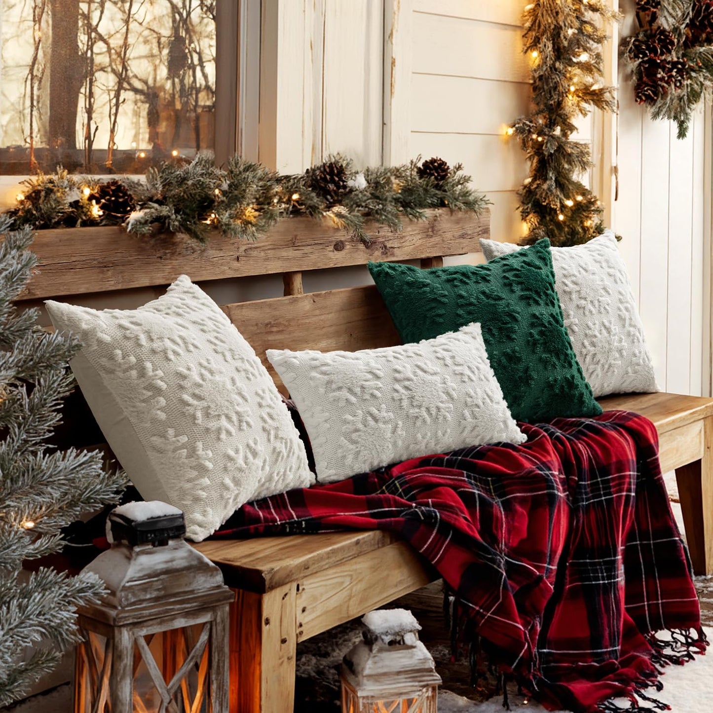 MIULEE Christmas Snowflake Decorative Throw Pillow Covers Set of 2,Soft Fluffy Faux Wool Winter Holiday Couch Pillows for Farmhouse Boho Home Decor Sofa Bed Porch Living Room 12x20 Inch Pure White