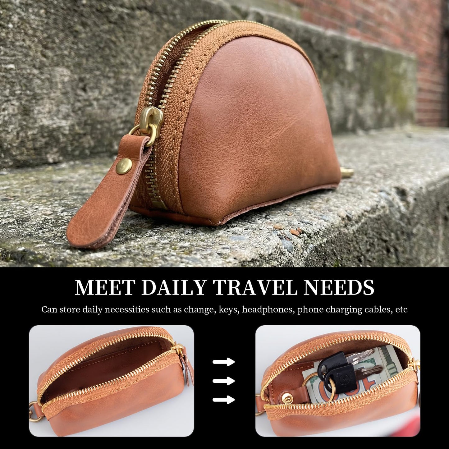 NANRUIL Coin Purse for women men,Genuine Leather Wallet Coin Pouch with Zipper Coin Bag,Simple Sturdy Coin Case.Yellow Brown