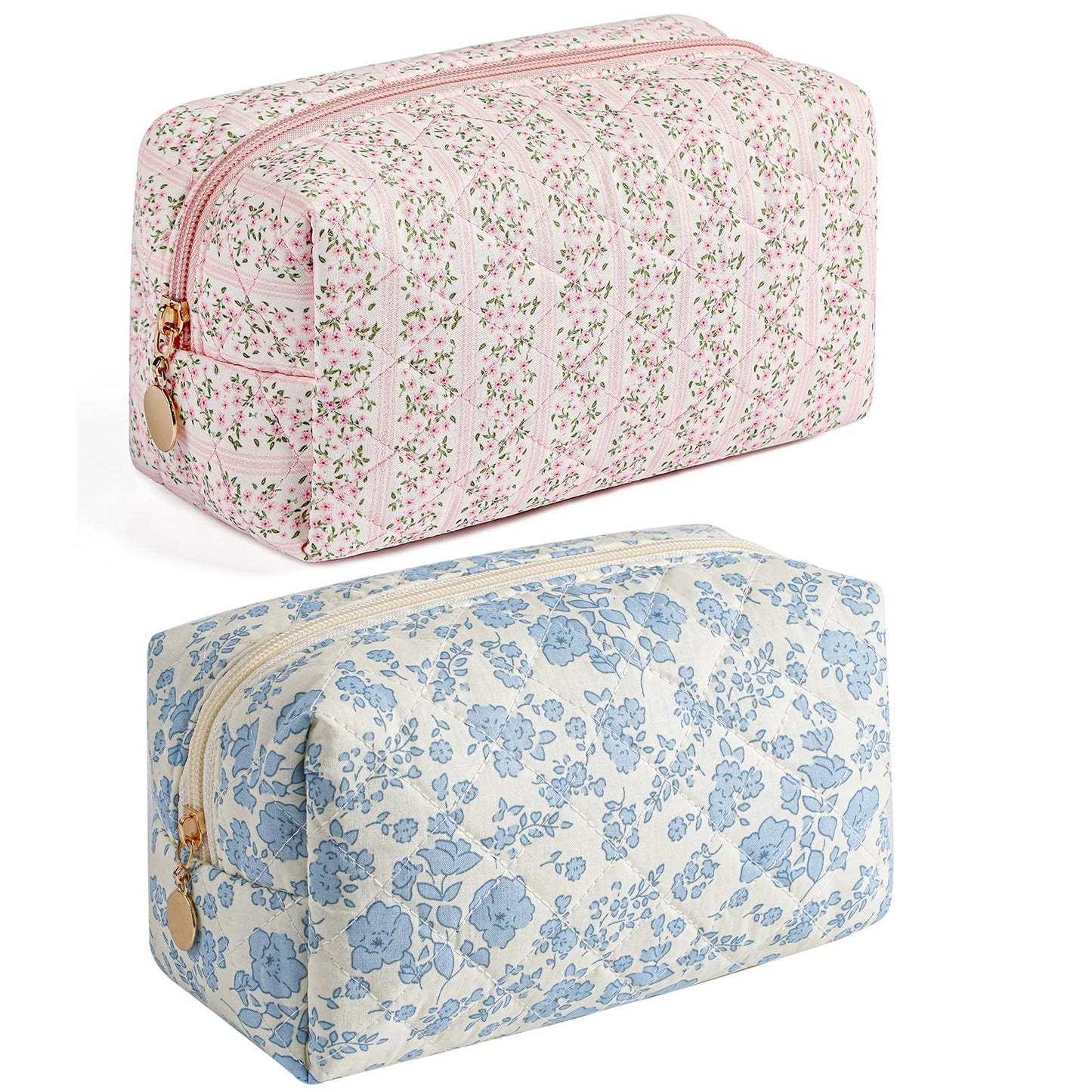HHQQWZ Makeup Travel Cosmetic Bag, Two Pack: Pink+Blue Floral, Zipper Closure, Durable Polyester, Perfect for Toiletry, Makeup, Travel