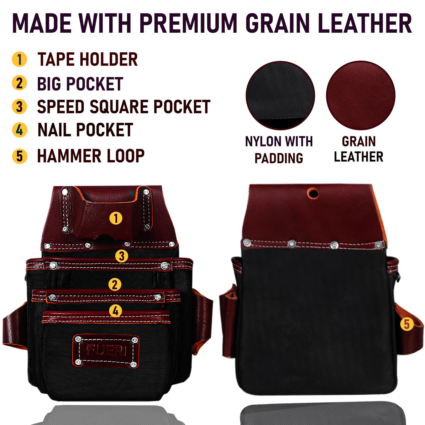 FUERI Professional Tool Belt With Bags Pouches for Men Nylon Leather Belts Carpenter Construction Electrician Framer Worker