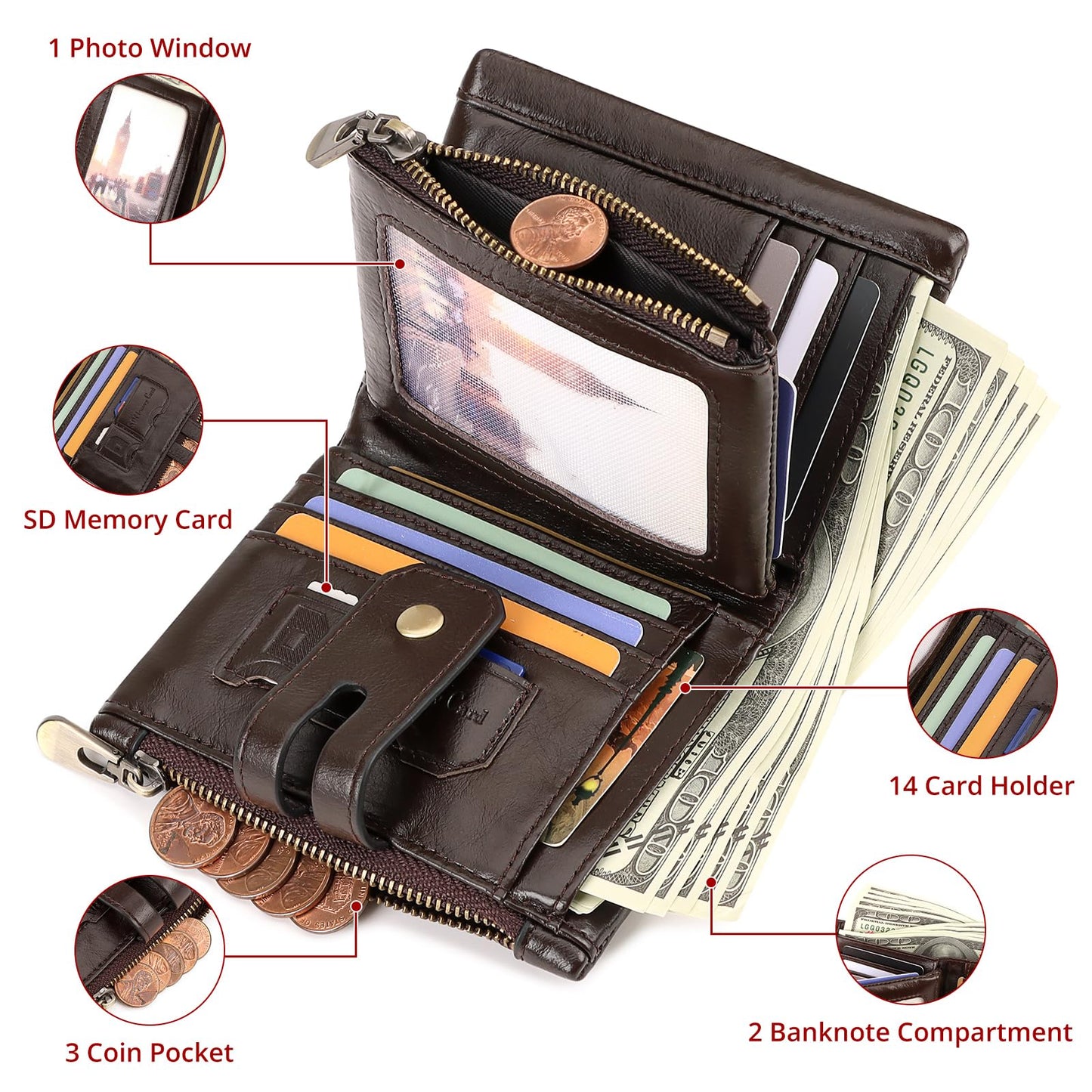 HUMERPAUL Genuine Leather Chain Wallet for Men, RFID Blocking Biker Trifold Credit Card Holder with Zipper Coin Pocket & Money Clip (Coffee)