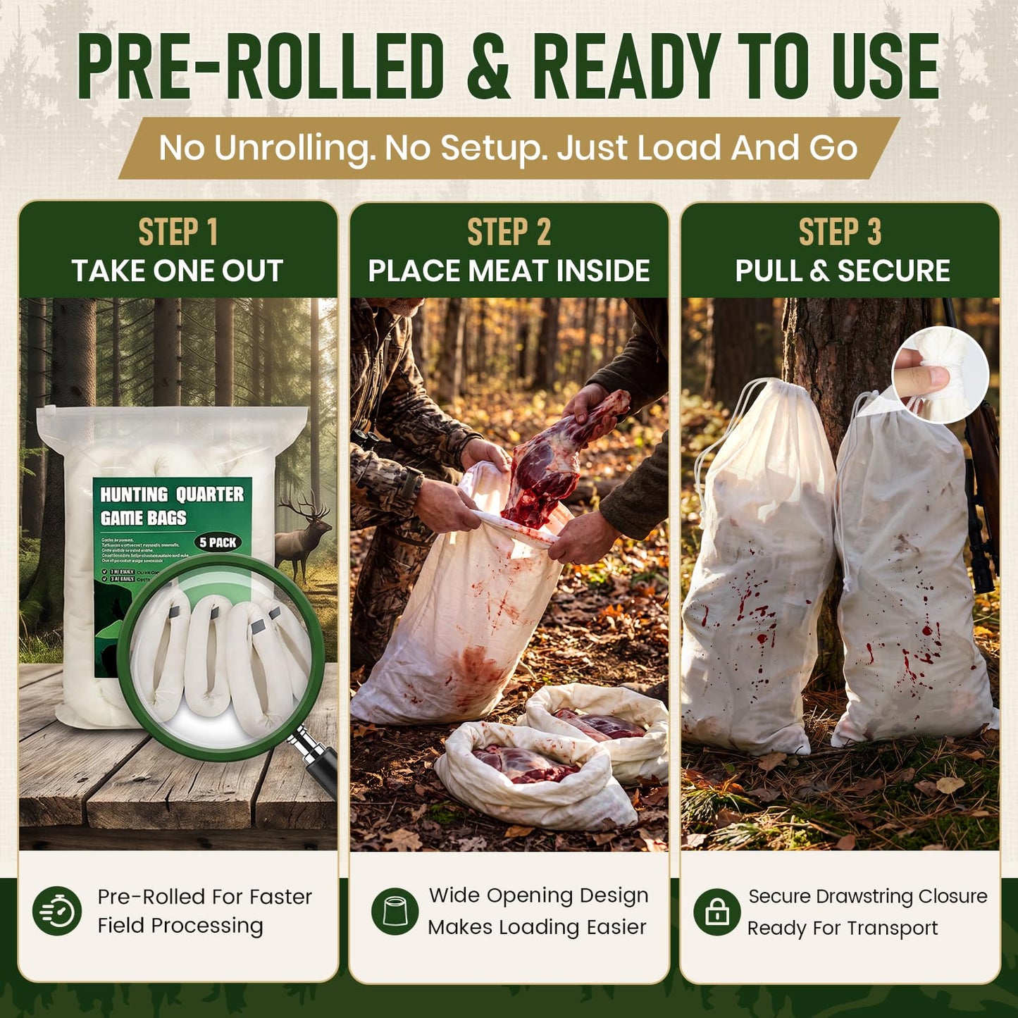 Gociean Game Bags Elk Hunting Meat Bags, 48inch 5-Pack Rolled Heavy Duty Quarter Bag, Reusable & Breathable Meat Game Bag with Reflective Strip for Elk, Caribou, Deer, Moose, Antelope, Duck