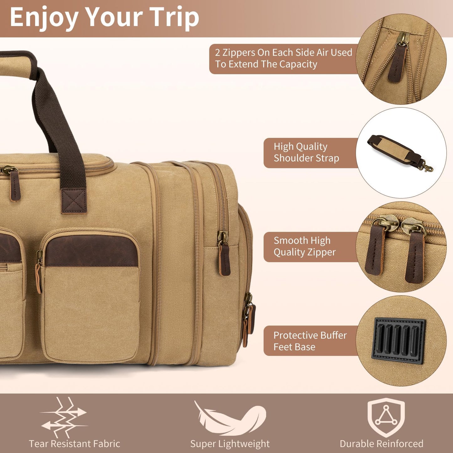 Mens Duffle Bag for Travel 60L Expandable Canvas Weekender Overnight Travel Duffel Bag with Shoe Compartment Carry-On for Airplanes Khaki