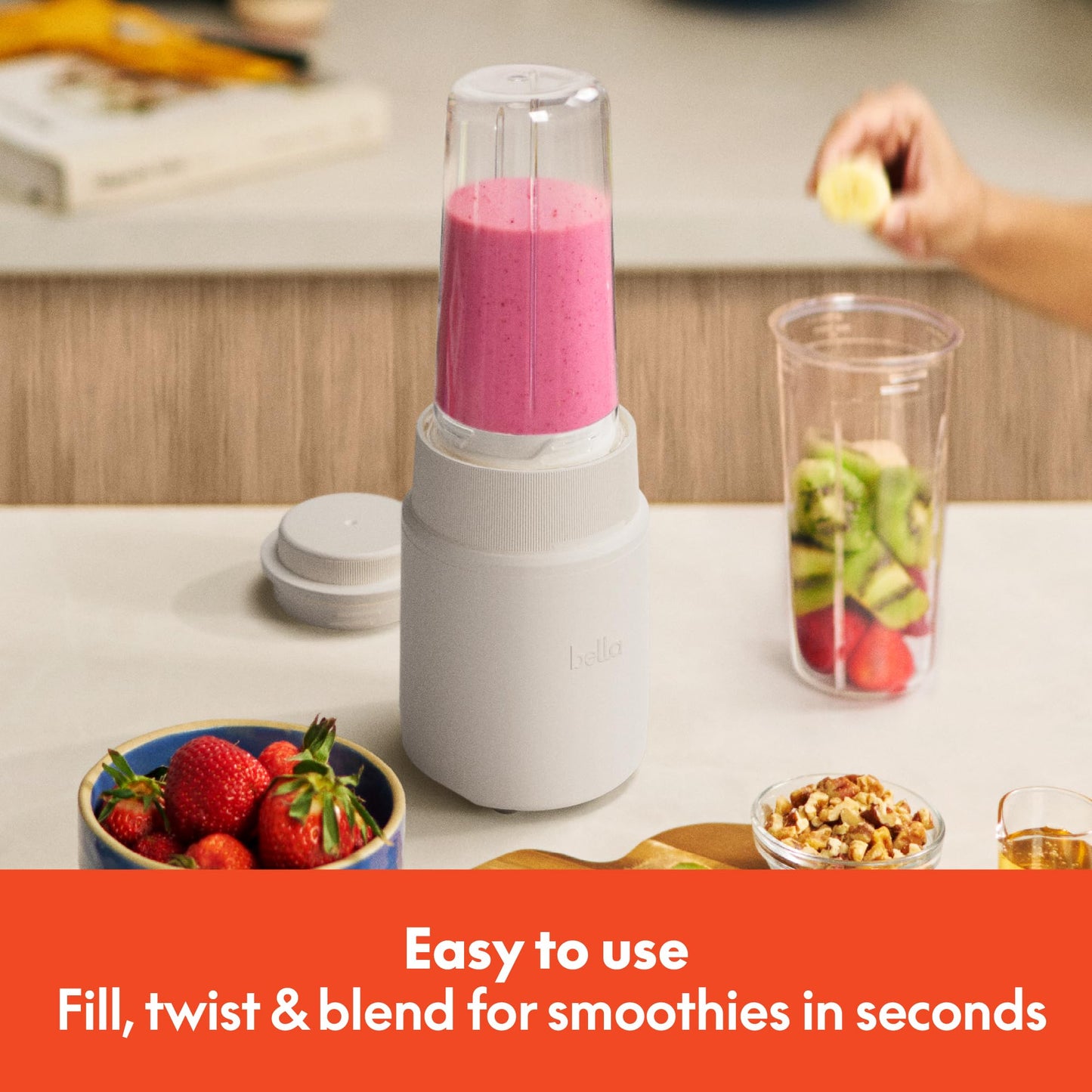 bella 6 Pcs Portable Rocket Blender, Juicer & Smoothie Maker, Press & Twist Design, EverGood™ & BPA Free Dishwasher Safe Parts, 4 Tip Stainless Steel Blade, Cord Wrap, 240 Watt Motor, Oatmilk