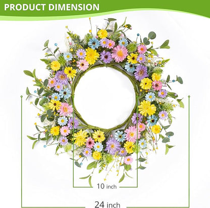 24" Front Door Wreath for Spring Summer Floral Seasonal Wreath with Colorful Flower Vibrant Artificial Daisy &Eucalyptus with Berries for Indoor & Outdoor Wall Home Decor