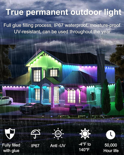 50FT Permanent Outdoor Lights, 108 Scene Modes Smart RGBW+IC Outdoor Christmas Lights with Remote APP Control, IP67 Waterproof LED Eaves Lighting for Halloween Party, Daily, Garden Decor