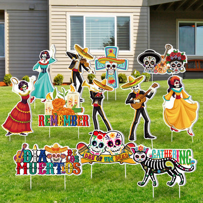 Amyhill 12 Pcs Day of the Dead Yard Decorations Halloween Outdoor Signs Decorations Dia De Los Muertos Decor Sugar Skull Sign Waterproof Mexican Fiesta Festival Party Supplies for Garden Lawn Patio