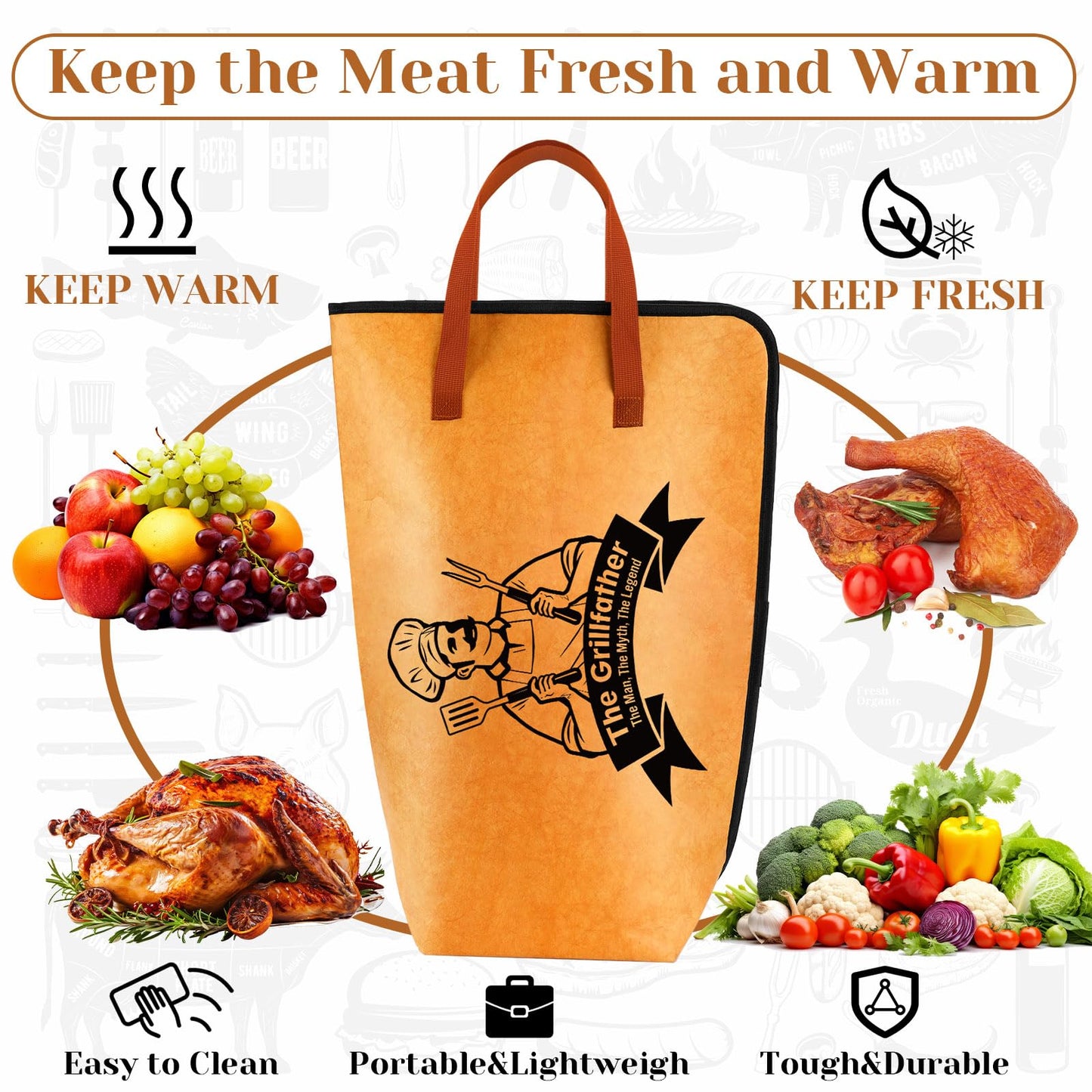 Frienda 21" BBQ Meat Resting Bag with 50 Sheets Butcher Paper, Insulated BBQ Blanket for Brisket, Leakproof Thermal Cooler Bag, Father's Day Smoker Accessories Grilling Gift for Men Dad(Yellow)