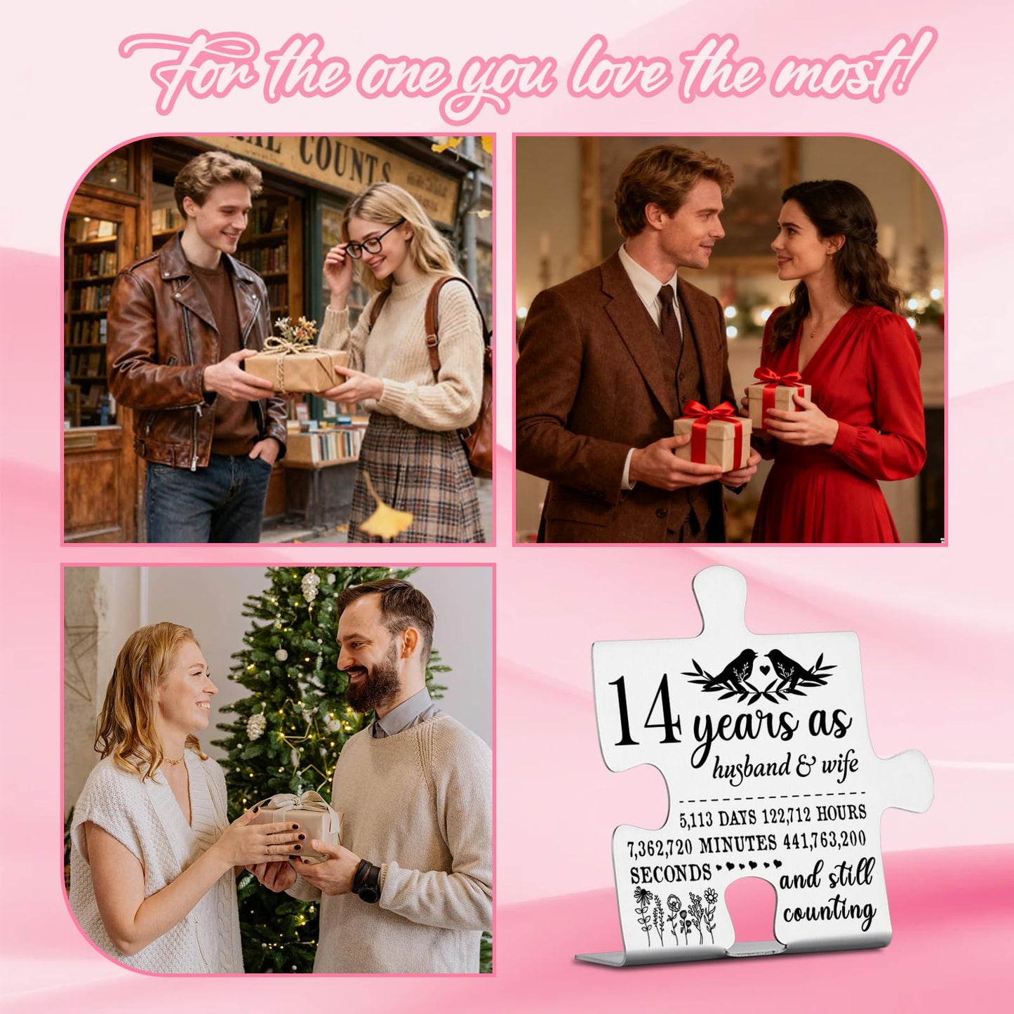 14 Years Anniversary Plaque Gift for Husband Wife, 14th Marriage Gift for Couple Ornament Decor Stainless Steel Puzzle Piece Decorative Signs Plaques YPP6