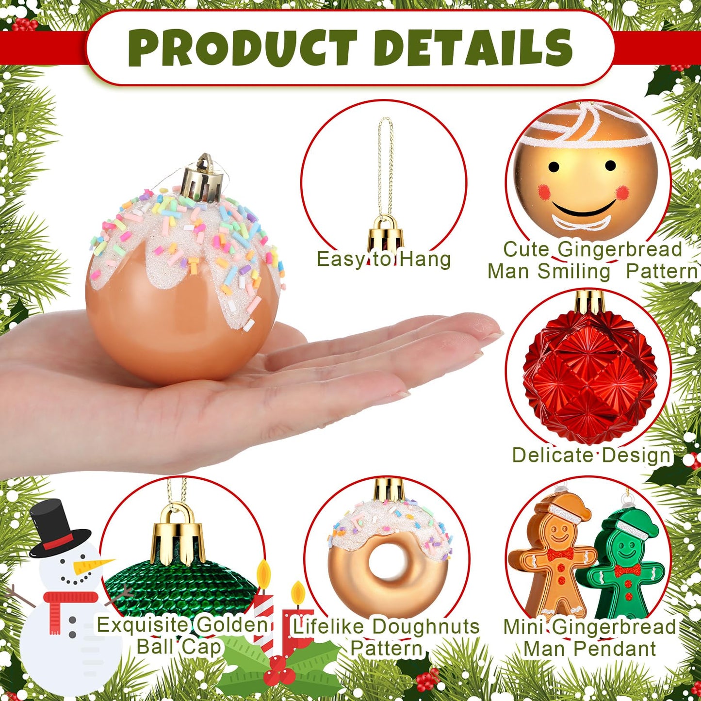 Syhood 40 Pcs Gingerbread Man Christmas Ball Ornaments 2.4 Inch Gingerbread Christmas Decorations Shatterproof Red Green Gold Candy Donut Xmas Baubles for Tree Home Wreath Holiday Office Indoor Decor