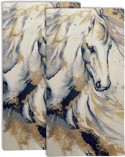 Golden Horse Oil Painting Kitchen Hand Towel Set of 2, Abstract Art Painting