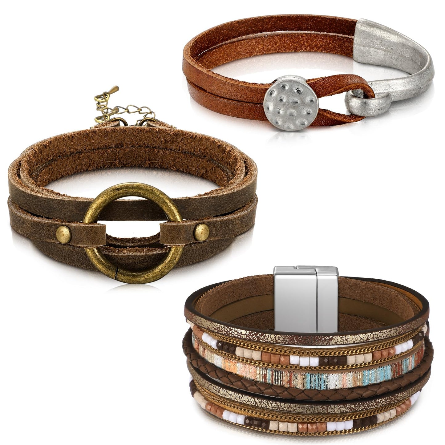 Inbagi 3 Pcs Western Jewelry for Women Bohemian Leather Bracelets for Women Faux Leather Multi Layered Wrap Bracelets Wristbands Cuff Boho Splicing Bangle Mens