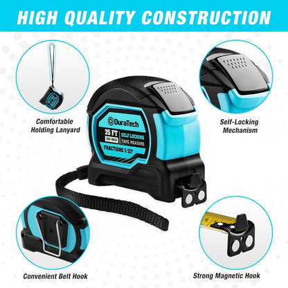 DURATECH 25FT Auto-Lock Tape Measure, Easy Read Magnetic Measuring Tape with Fractions 1/8″, Double Sided Measurement Tape with Minimum Scale 1/32″, Magnetic Hook, and Rubber Protective Casing