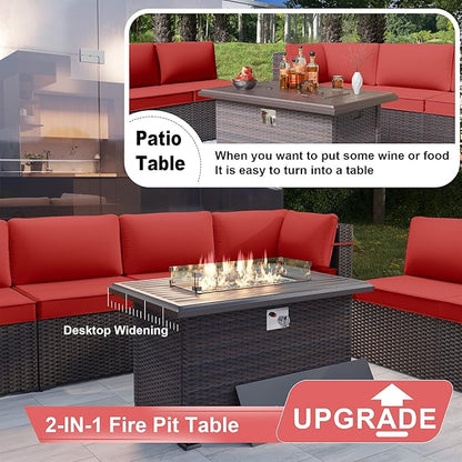 Kurapika 15 Pieces Patio Furniture Set, Rattan Wicker Outdoor Conversation Sets w/43in Propane Fire Pit Table and 4 Inch Cushion(Red)