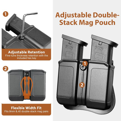 GUN & FLOWER Universal Double Magazine Holder with Silicone Paddle, OWB Magazine Holster Fits 9mm/.40 Double Stack Mags, Mag Pouch Compatible with Glock/Taurus/Beretta/Sig/H&K/CZ/S&W/Colt