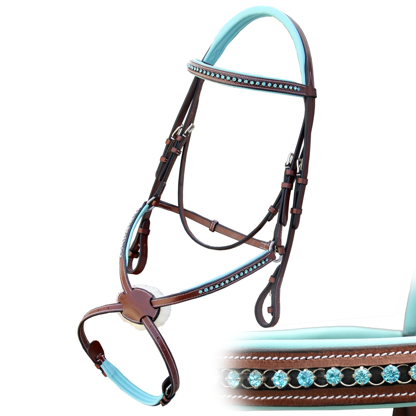 Exion Blue Bling Browband and Figure 8 Noseband Horse Bridle with Blue Soft Lined Crown Piece and Rubber Reins | Royal Figure Eight Blue English Bridle.