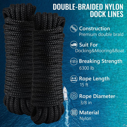 PropelTech 4 Pack 3/8" x 15’ Boat Dock Lines for Boat & Pontoon, Premium Marine- Grade Double Braided Nylon Dock Line, Pre-Spliced with a 12" Eyelet-Black,Boating Gifts for Men