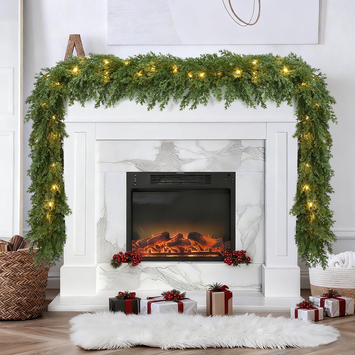 Lvydec Lighted Christmas Pine Garland Decoration, 6ft Realistic Cedar Cypress Garlands Christmas Greenery Garland with Lights for Holiday Mantel Fireplace Table Centerpiece (6ft)