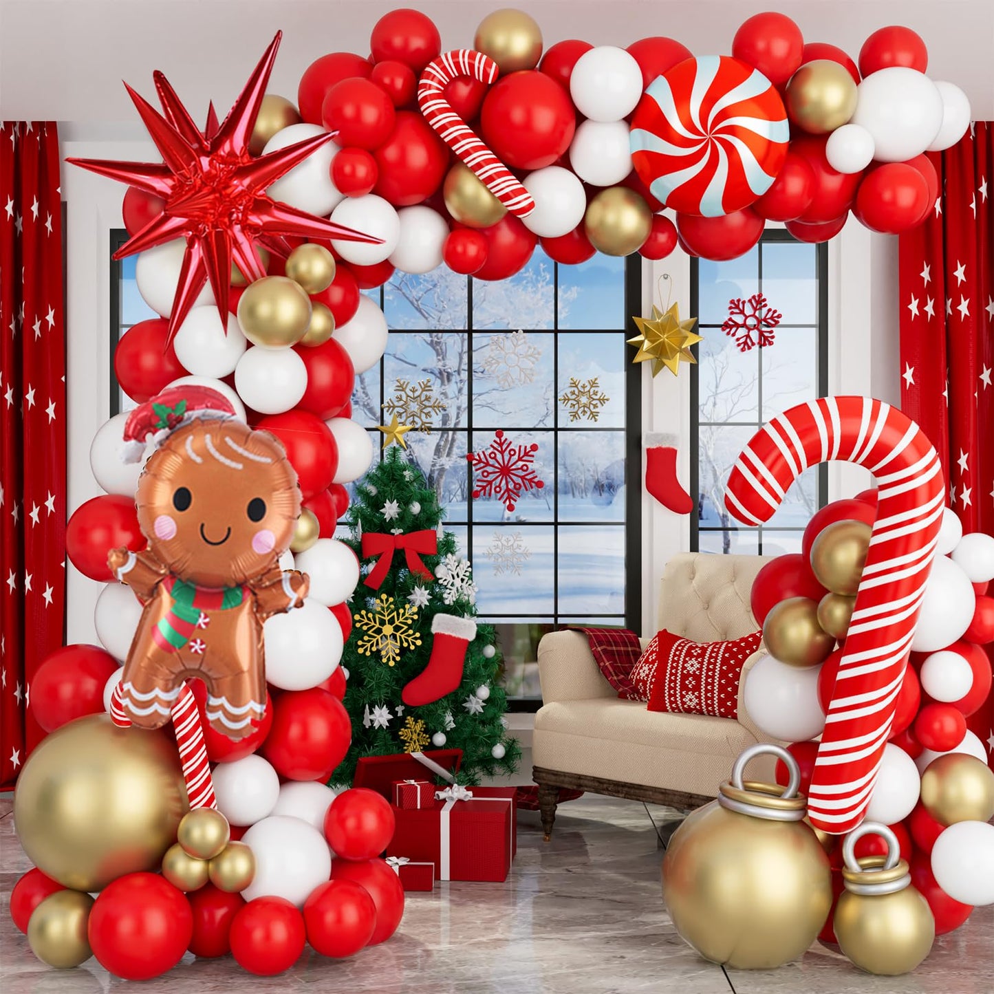 Christmas Balloon Garland Arch Kit Xmas Holiday Balloons with Red White Golden Balloon Candy Foil Balloon Candy Cane Balloon Red Starburst Balloons for Christmas Party Decorations