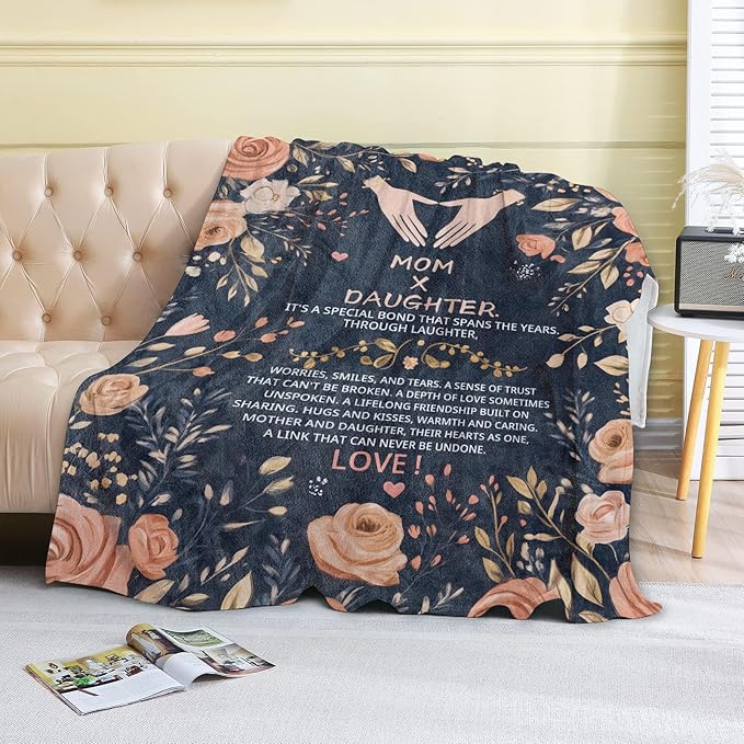 Mother's Day Fleece Blanket - 40x50in Mom from Daughter Birthday Heartfelt Message Floral Throw Blankets,Soft Cozy Lightweight, Ideal for Living Room Home Decor and Women Gifts