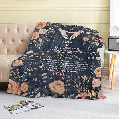Mother's Day Fleece Blanket - 60x80in Mom from Daughter Birthday Heartfelt Message Floral Throw Blankets,Soft Cozy Lightweight, Ideal for Living Room Home Decor and Women Gifts