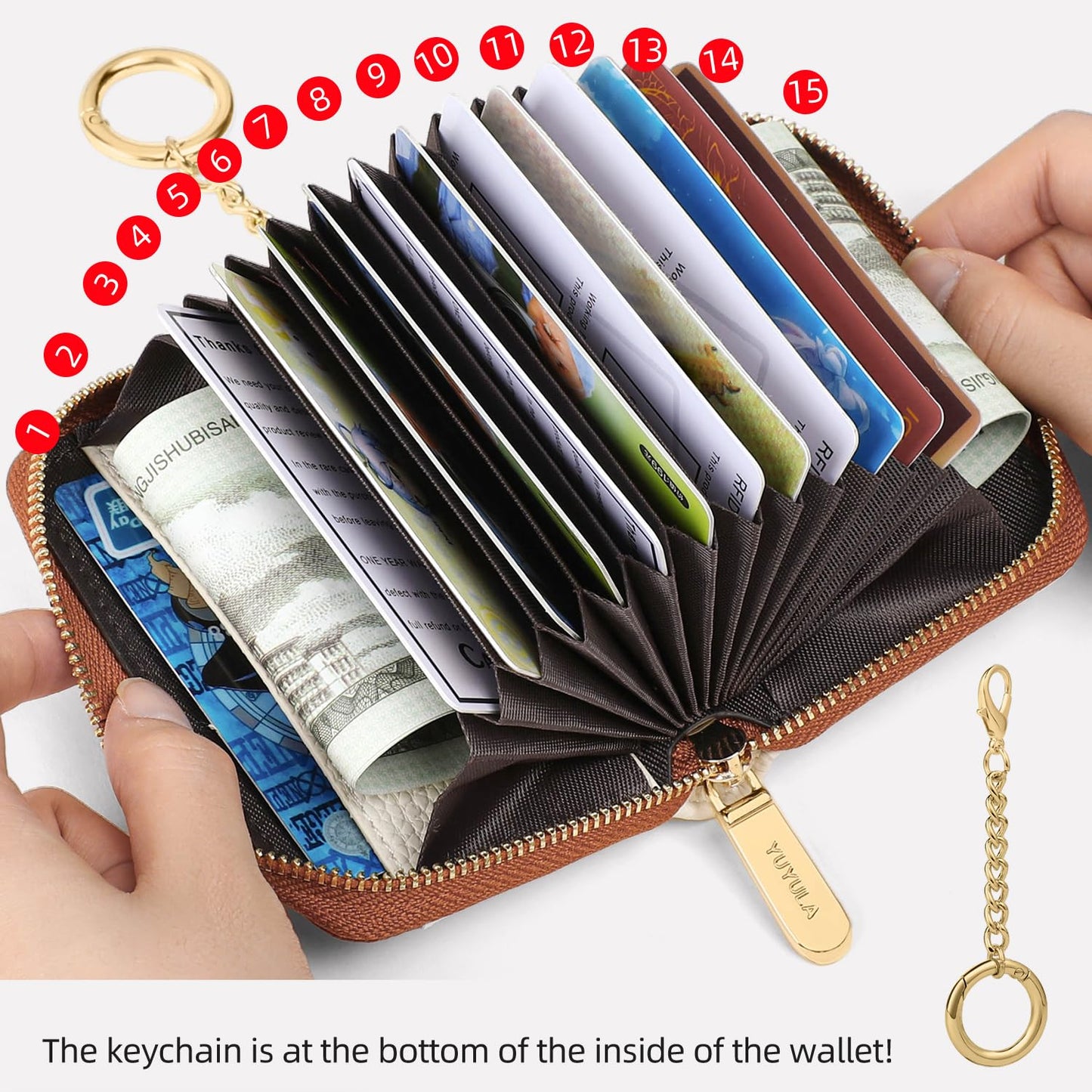 YUYULA Lether Women Credit Card Wallet, Zipper Business Card Holder for Women, RFID Blocking, KeyChain Wallet (Beige With Brown)