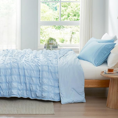 Cozy Bliss Cooling Comforter Queen Size Seersucker Plaid, Q-Max 0.4 Reversible Lightweight Cooling Blanket, Breathable Silk Smooth Summer Bedding Quilt for Hot Sleepers Night Sweats Blue