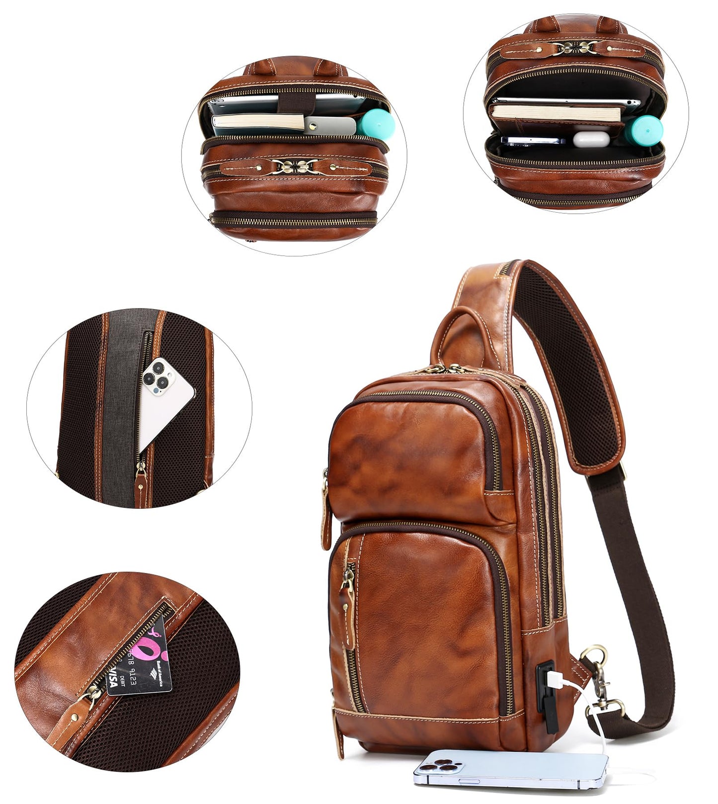 LANNSYNE Vintage Genuine Leather Sling Bag For Men, Crossbody Chest Daypack fits 10.5" iPad
