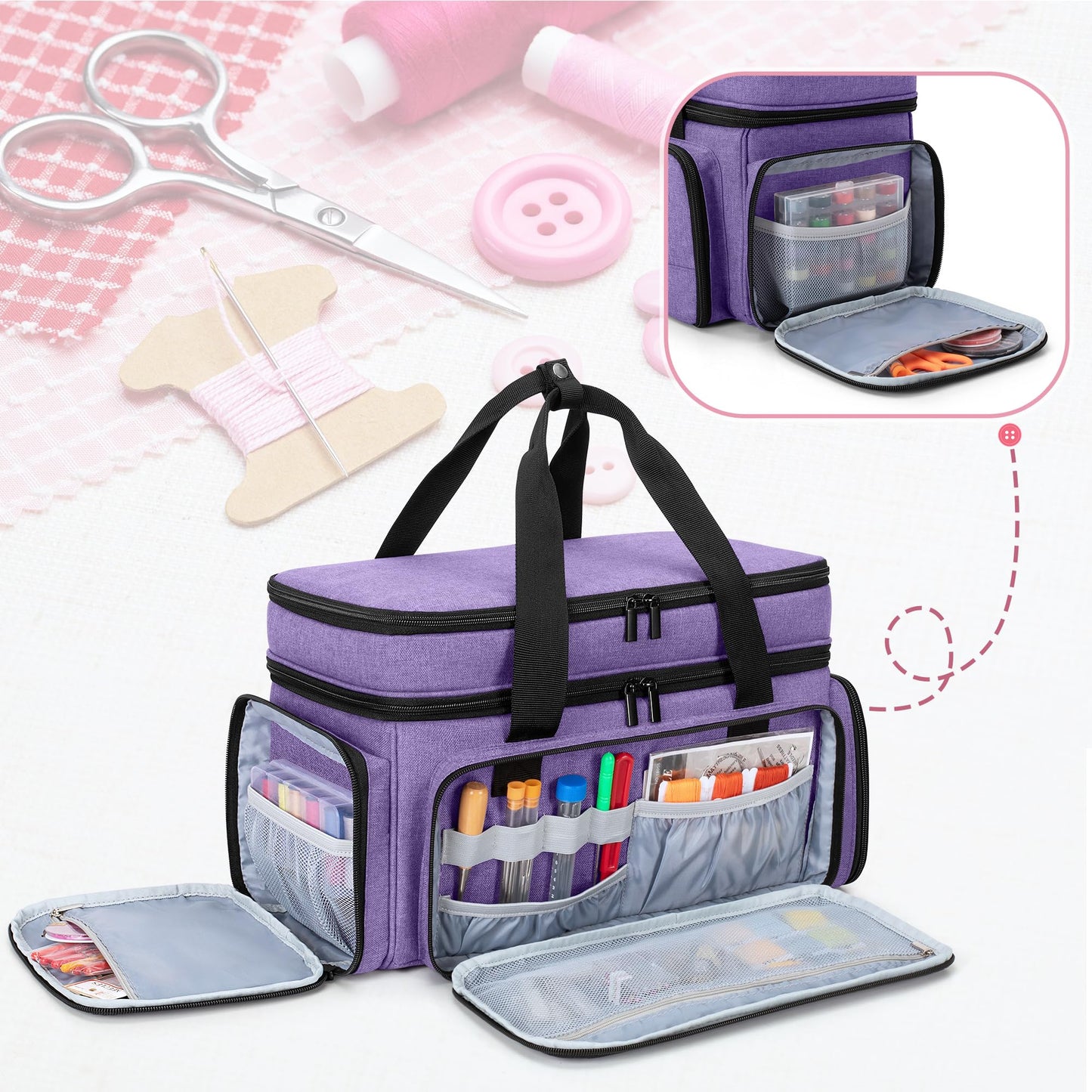 LUXJA Large 2 Layers Sewing Organizer Bag with 5 Detachable Dividers, Sewing Storage Bag for Sewing Supplies, Purple