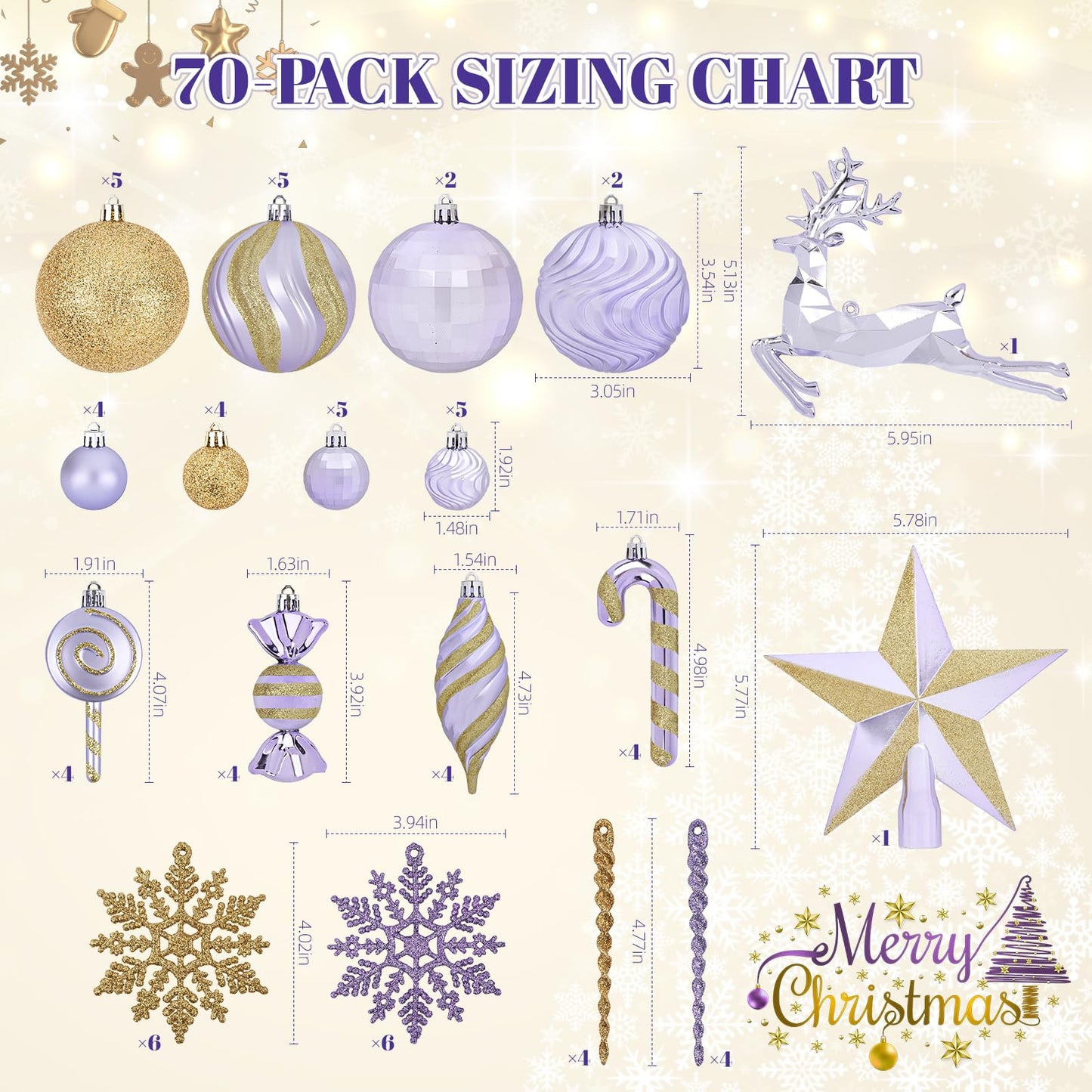 70PCS Christmas Balls Ornaments Set, Shatterproof Xmas Tree Decorations Kit with Balls, Snowflakes, Candy Canes, Star Topper, Reindeer & Hanging Baubles for Holiday Party Decor (Purple & Gold)