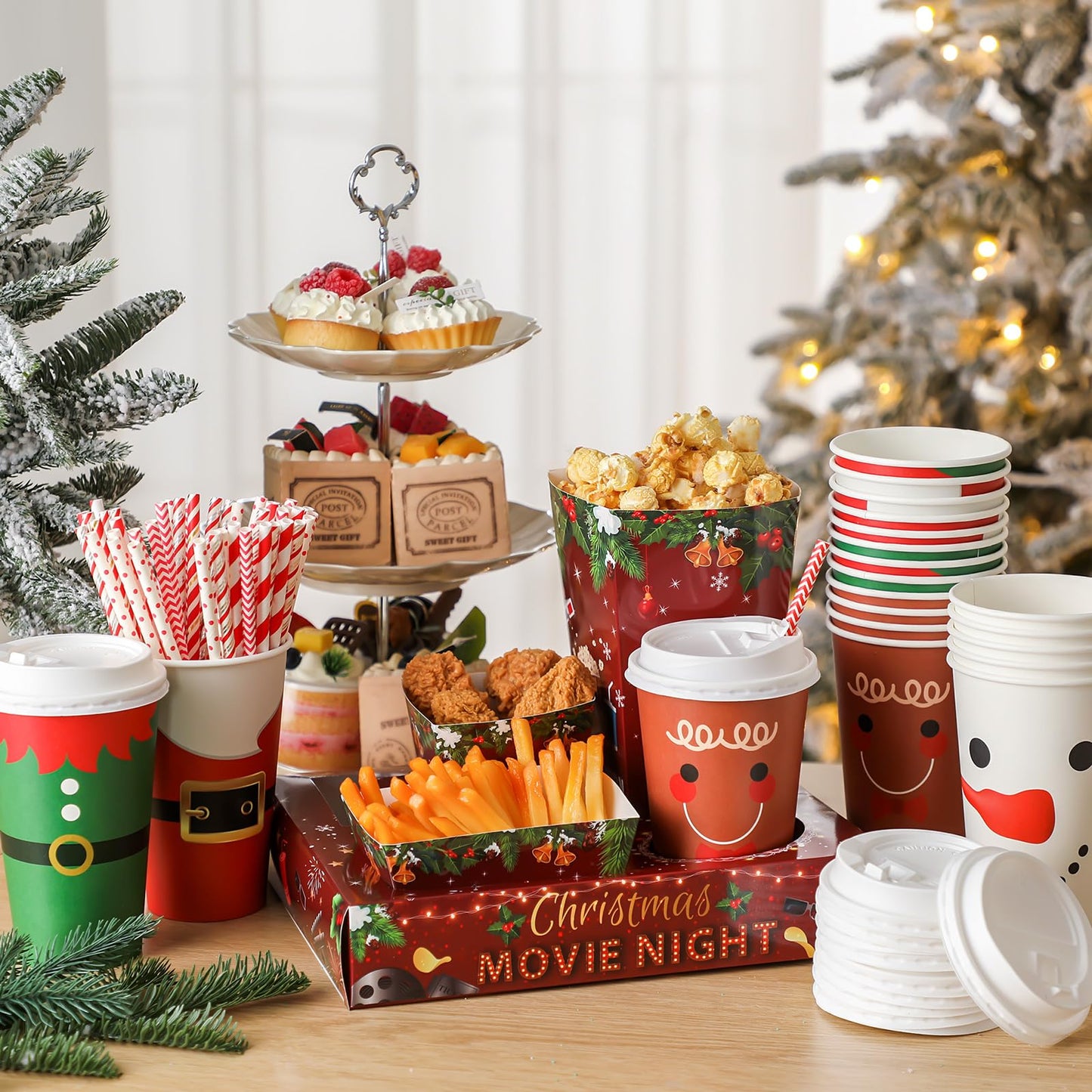 Bokon 172 Pcs/ 24 Sets of Christmas Movie Night Snack Trays 3 Sizes Snow Santa Snack Boxes, 16 oz Disposable Drinks Cups, 50 Straws, Complimentary Sealing Stickers for Cinema Party Decoration