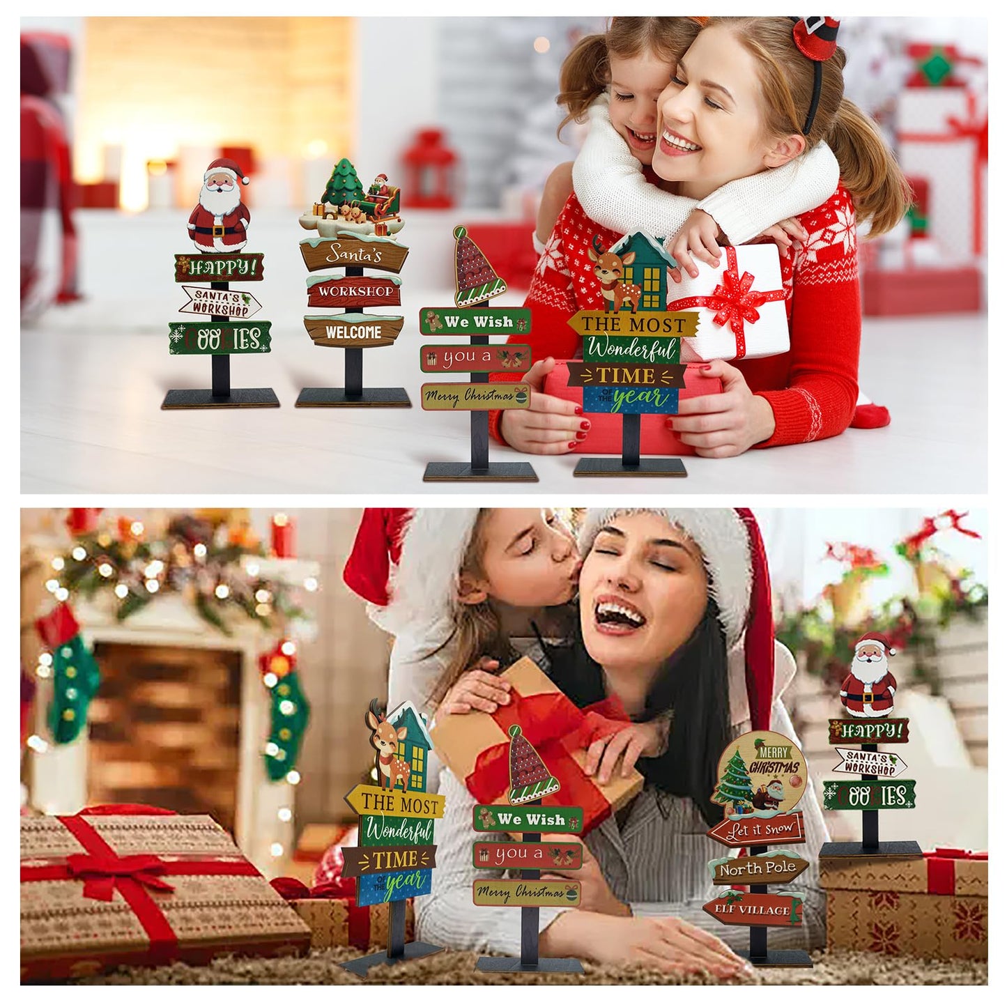 YvSuZeBuDa Christmas Table Decorations, 4 Piece Wooden Rectangular Sign Boards, Rustic Farmhouse Style, Polychrome, 8.86 x 4.72 Inches, Wall Mount with Twine, Cozy Theme (Santa hat)