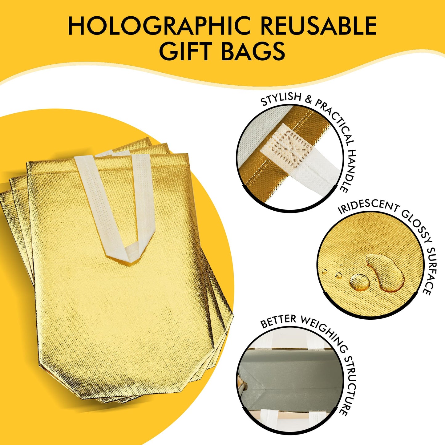 RACETOP Medium Gold Gift Bags with Handles – Set of 15 Reusable 100g Gold Party Favor Bags - Ideal for Birthday, Wedding, Bachelorette, Holiday Goodie Bags – 8x4x10 Inches, Upgraded