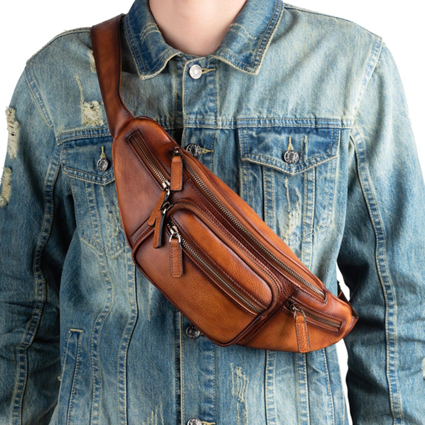 Myunxui Genuine Leather Fanny Pack Waist Bag for Men Women Hip Bum Bag Travel Pouch Sling Bag Crossbody Chest Bags Shoulder Daypack Multiple Pockets Waist Pack Brown