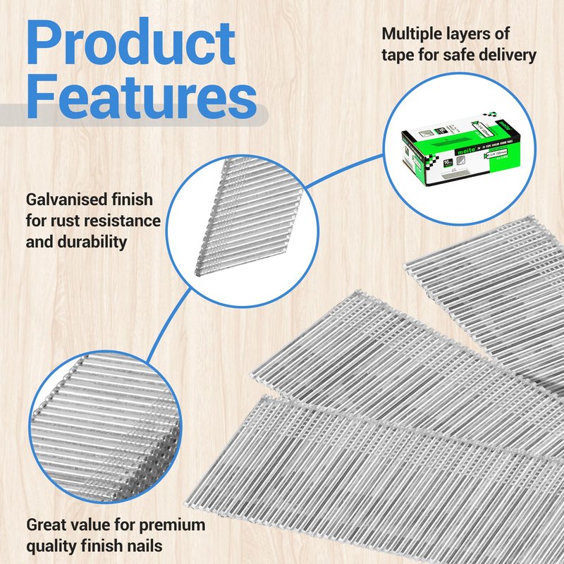 meite 16 Gauge 20 Degree Angled Finish Nails 1-1/4 Inch Leg Galvanized No-rust Finishing Nails for Finish Nailer Gun - Cabinet Crown Baseboard 10,000PCS
