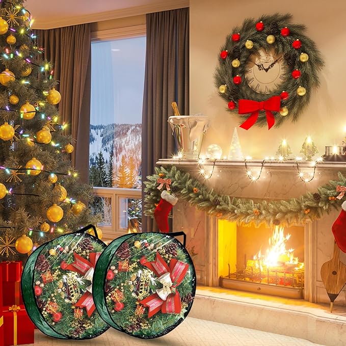 6 PCS Clear Wreath Storage Bag, 24x8 Inch Christmas Wreath Storage Container, PVC+PE Wreath Protector with Handle for Xmas Holiday Seasonal Wreath Garland (Green)