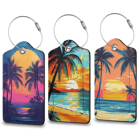 Sunset Palm Tree Beach Cruise Luggage Tags,3pcs PU Leather Suitcase Tag, Cute Travel Baggage Tags with Privacy Flap Name ID Label Metal Loop for Cruise Airport Travel Essentials
