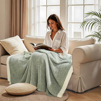 NEXHOME PRO Twin Size Super Soft Throw Blankets for Couch, Cozy Blankets Reversible Warm Knit Blanket for Women, Fuzzy Plush Lightweight Throws for Sofa, Bed, Picnic, Sage Green White, 60 x 80 inches