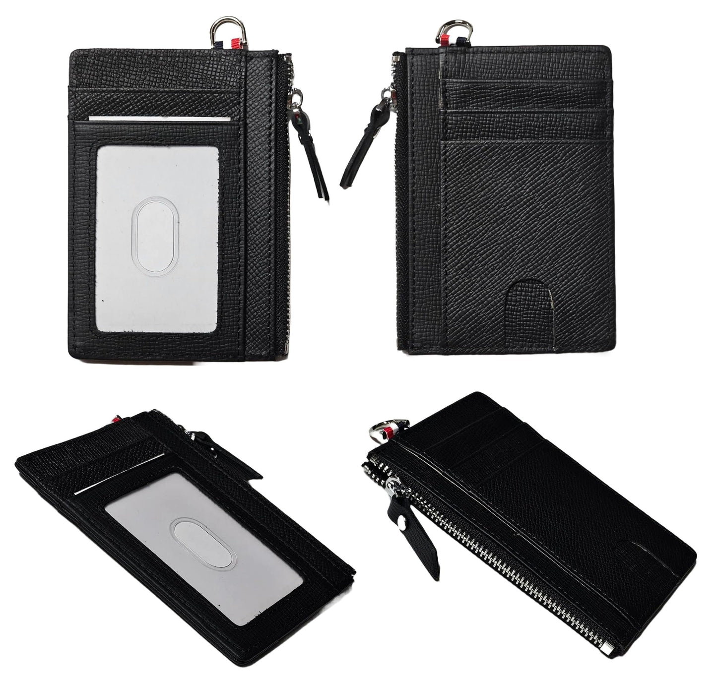 AurexaFashion Genuine Saffiano Leather Front Pokcet Slim Minimalist Wallet, ID Badge RFID Card Case with Zipped Pocket (Black Holder)