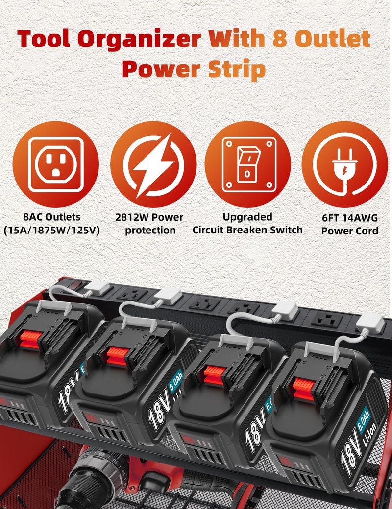 Power Tool Organizer wtih Charging Station，3 Layers Storage Rack with Screwdriver Rack 6 Drill Holders 8 Outlets Max Load 110lbs，for Workshop Garage Organizers and Storage Tool Battery Holder (Red)