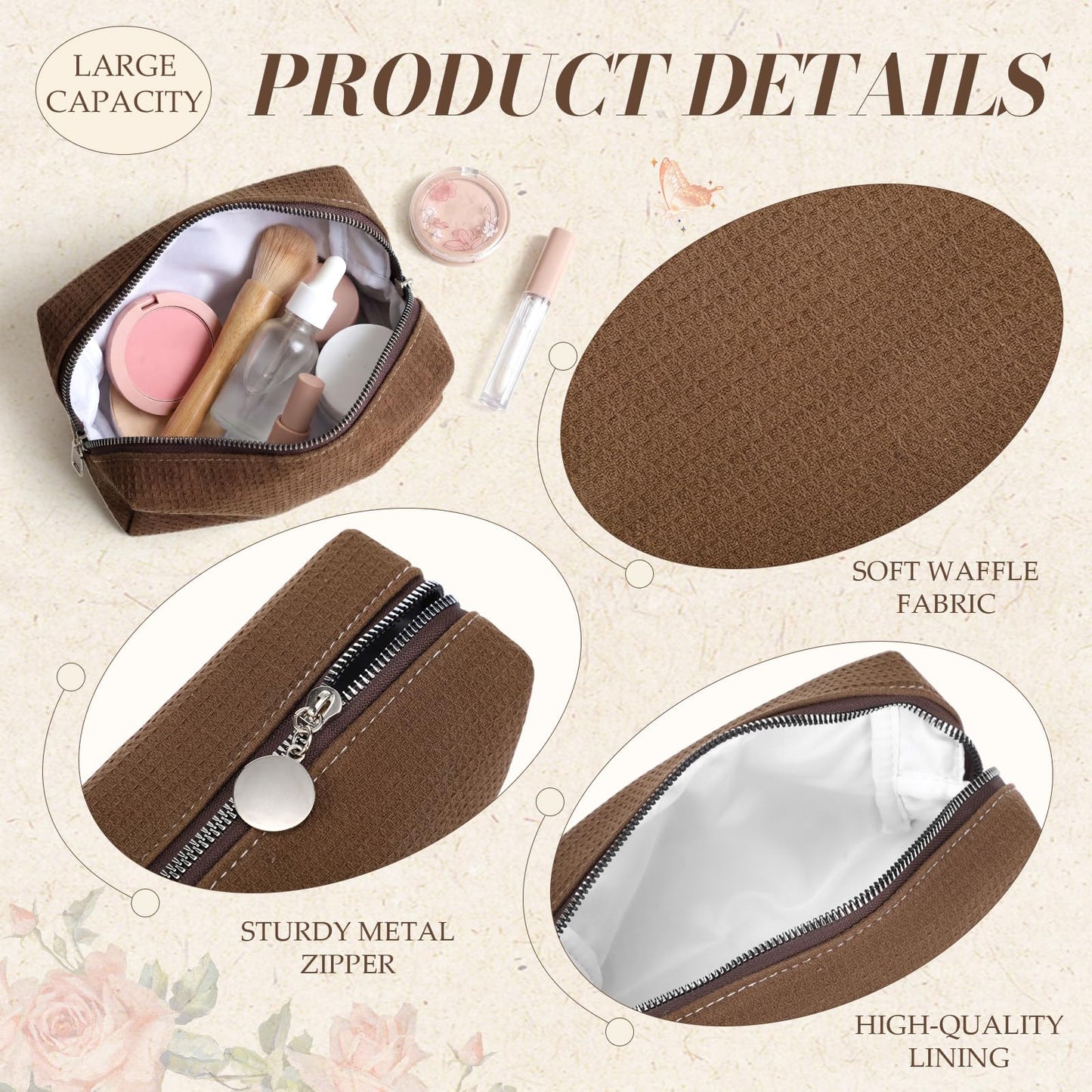 Kacctyen 6 Pcs Waffle Makeup Pouch Bag Portable Makeup Bag for Women, Cozy Waffle Cosmetic Pouch, Large Capacity Handheld Toiletry Organizer with Zipper for Bridesmaid, Wedding, Travel, Daily Use