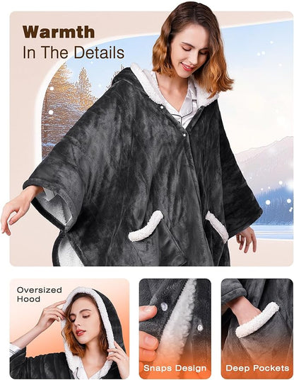 Wearable Heated Blanket - Cozy Gift for Women, Mom, Men| Reversible Flannel & Sherpa Electric Wrap with Pockets & Hood, 6 Heat Levels, 1-4H Timer, ETL Safe, Machine Wash, 50"x70" Grey