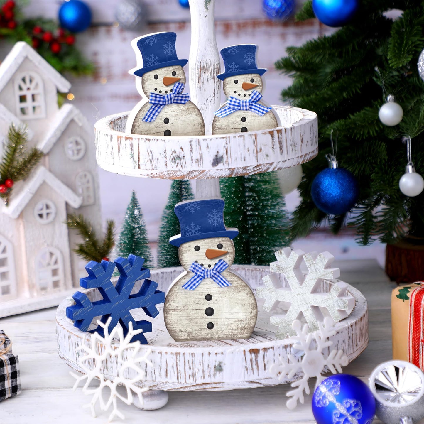 Yousoontic 5 Pcs Winter Table Decor Wooden Snowman Blue and White Snowman Snowflake Tiered Tray Decor Christmas Table Centerpiece Snowflake Signs Winter Decorations for Home Kitchen Office