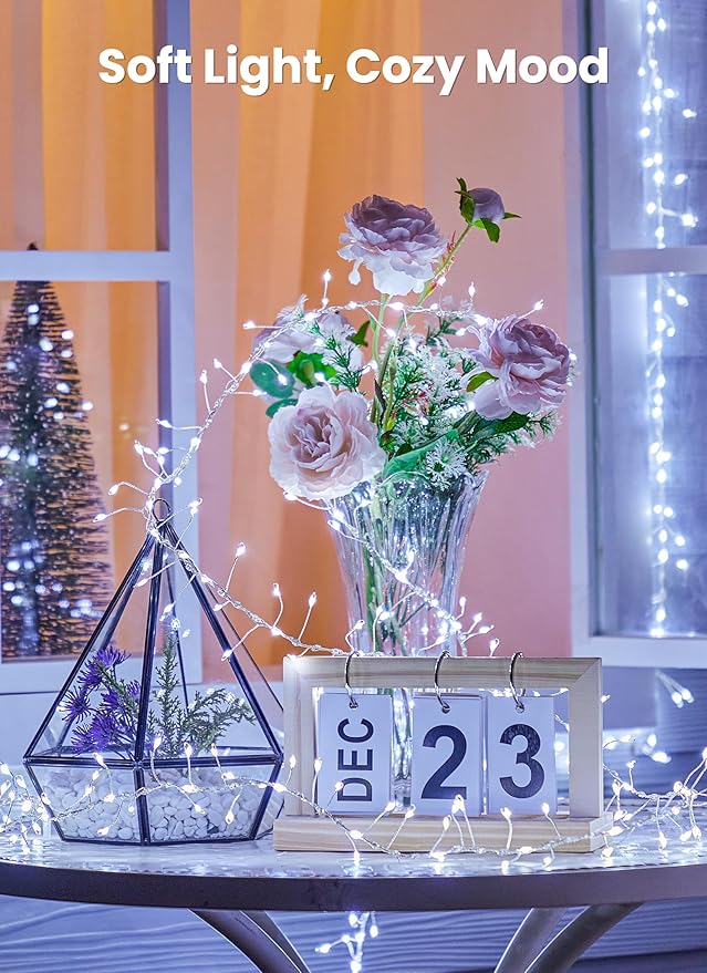 Flowing Fairy Lights Plug in with 14 Modes, 10FT 388LED Twinkle String Lights Indoor, Christmas Tree Lights Indoor Waterproof for Bedroom Christmas Home Room Decor, Cool White