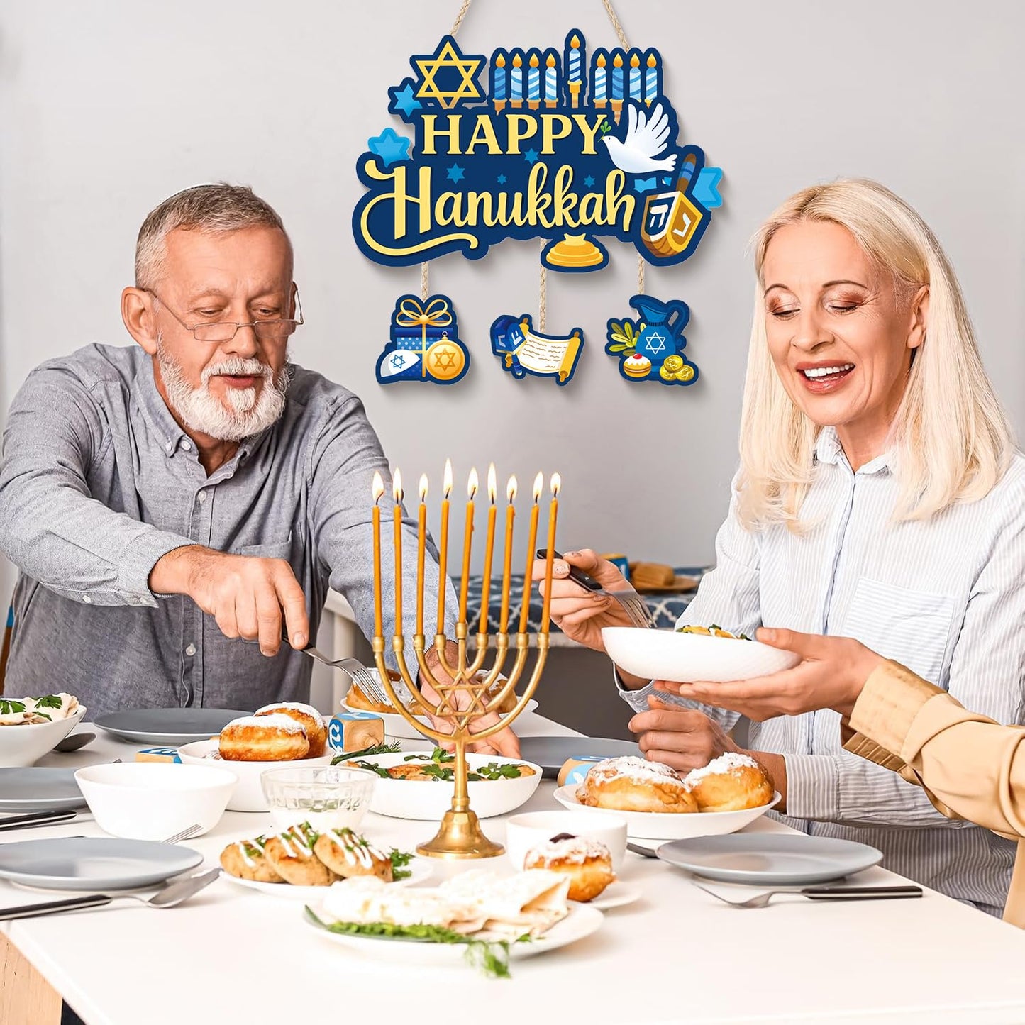 Aurlan Happy Hanukkah Door Sign,Hanukkah Wooden Wall Hanging,Jewish New Year Door Decor,Chanukah Wood Hanging,Chanukah Candlestick Wall Sign,Candle Pigeon Sufganiyot Decor for Porch Yard Home Room Office