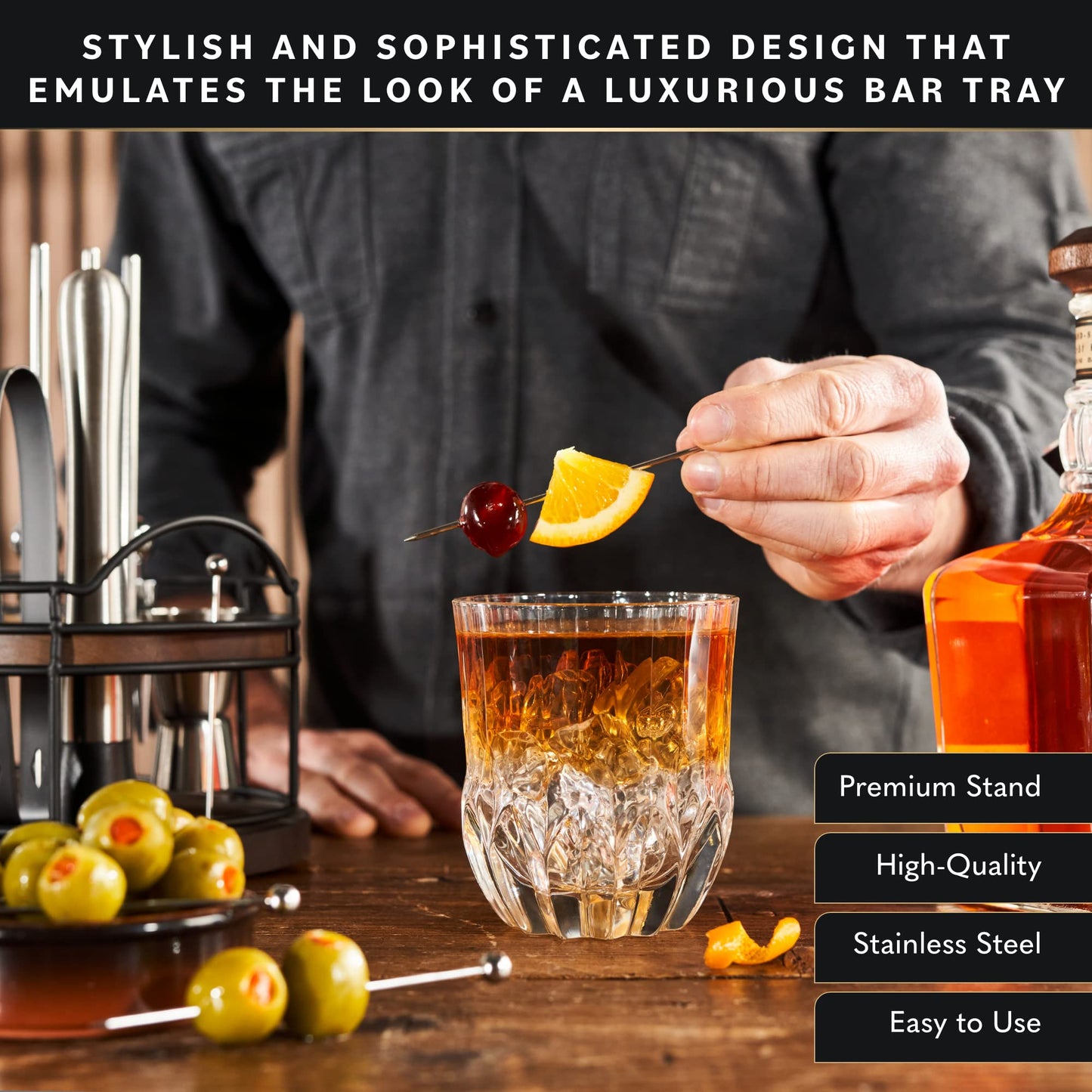Home Hero Elegant Bartender Kit with Wooden Stand, Premium Bar Set & Cocktail Shaker, Gift for Home Bar and Cocktail Enthusiasts, Essential Bar Accessories with Recipe Book (22 Pcs - Silver)
