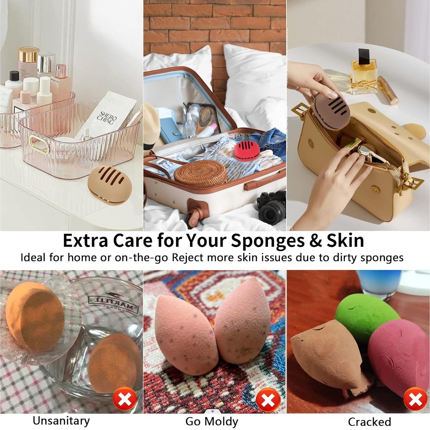 2 Pcs Makeup Sponge Holder,Double-Sided Breathable Silicone Beauty Blender Holder for Travel or Daily,Shatterproof Make-up Travel Case Quick Drying Easy to Carry,Grey+Pink